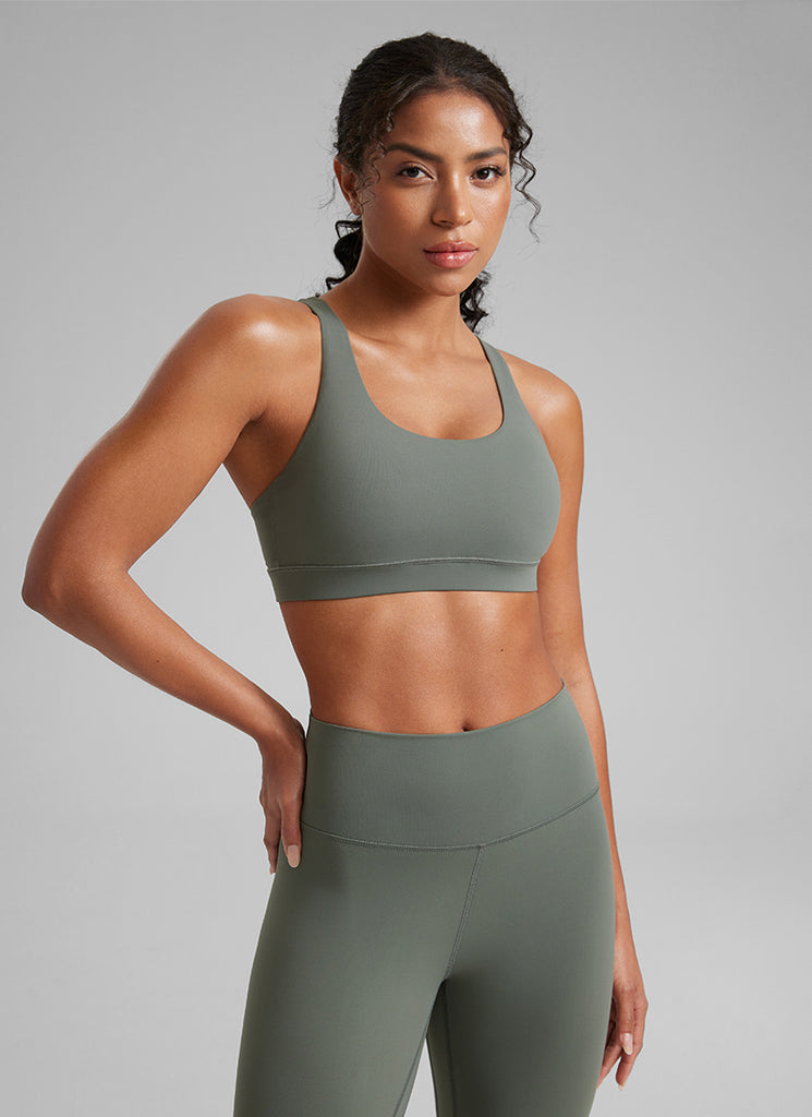 CRZ YOGA Women's Yoga Training Medium Support Nakedfeel Bra Cross Back Grey Sage