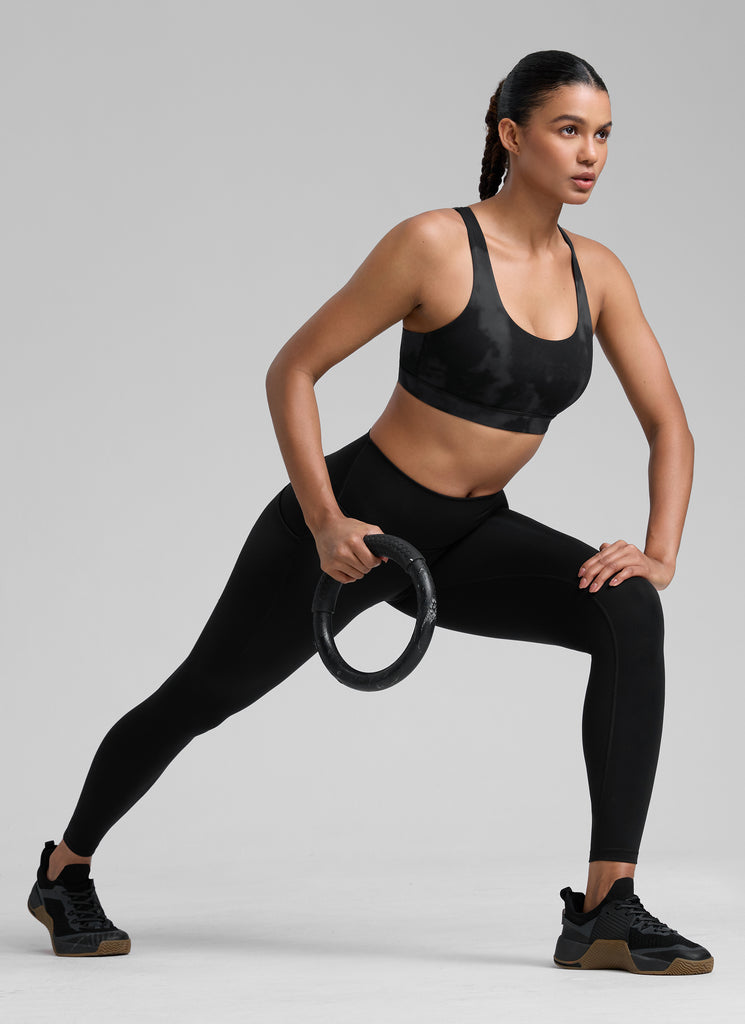 CRZ YOGA Women's Yoga Training Medium Support Nakedfeel Bra Cross Back Black Tie Dye Flowers