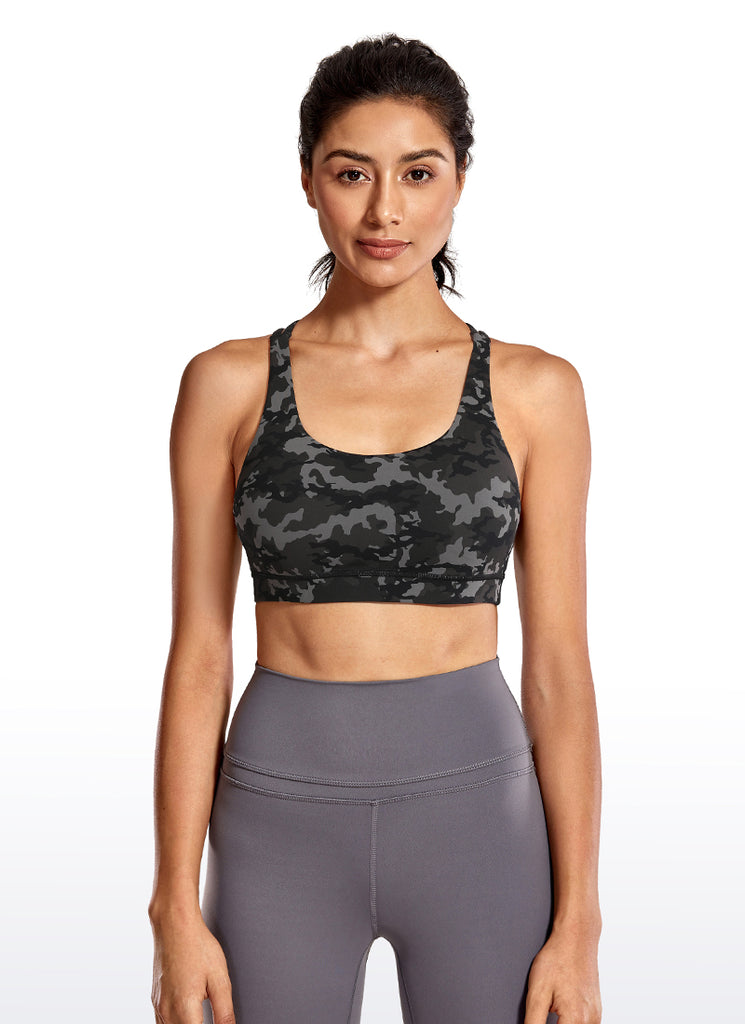 CRZ YOGA Women's Yoga Training Medium Support Nakedfeel Bra Cross Back Camo Multi 1