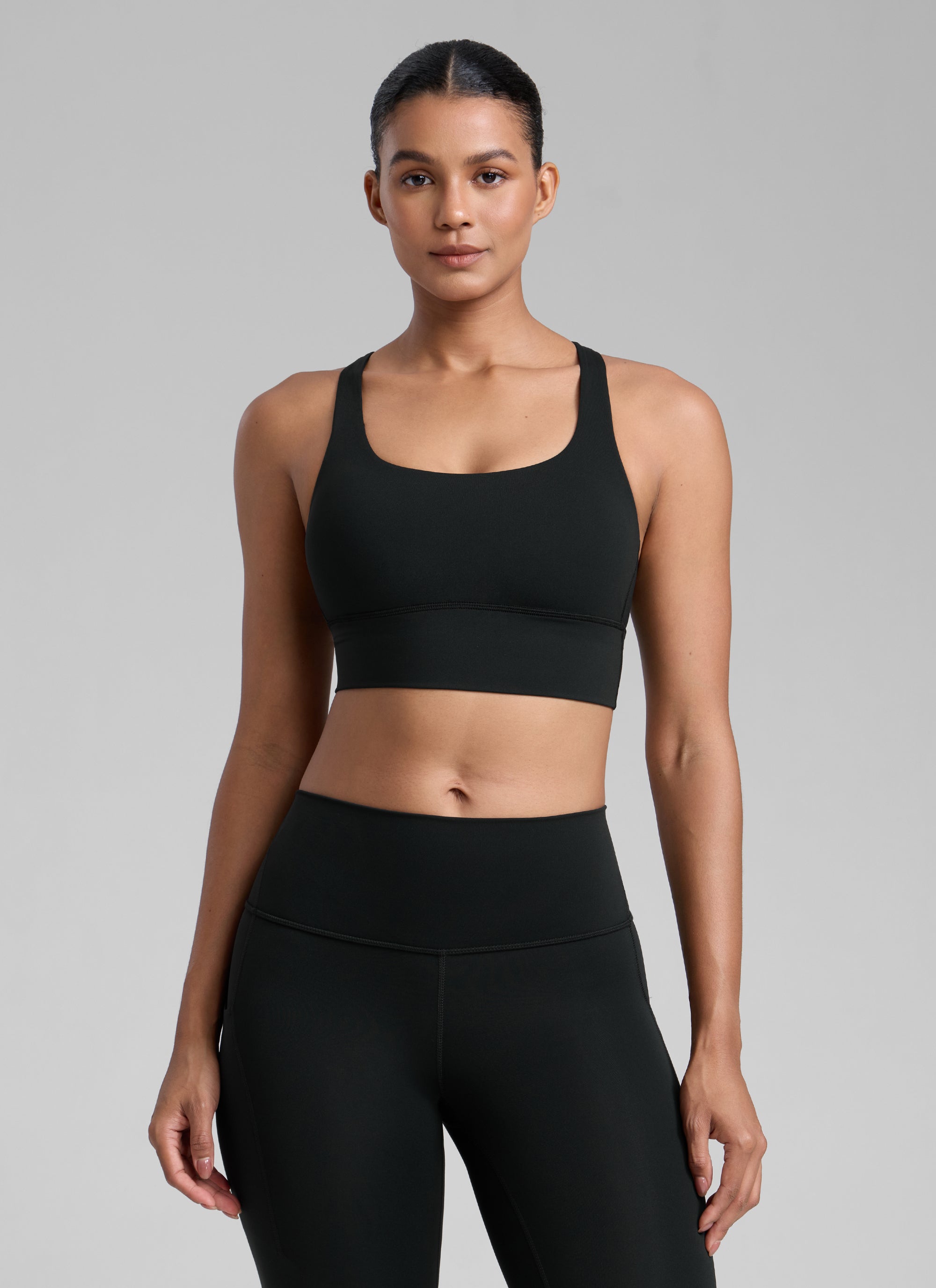 CRZ YOGA Womens Strappy Longline Nakedfeel Training Sports Bra Black @model_info:Barbara