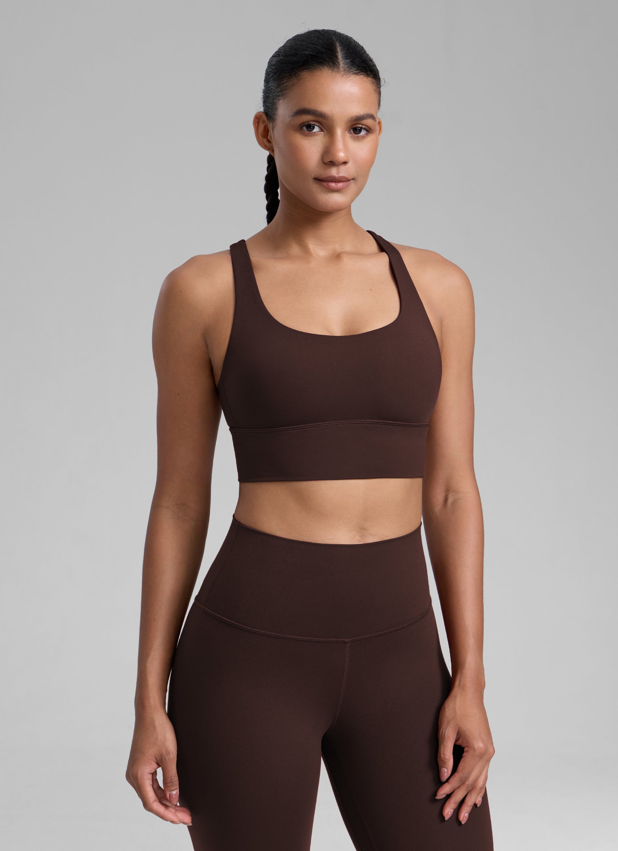 CRZ YOGA Womens Strappy Longline Nakedfeel Training Sports Bra Hot Fudge Brown