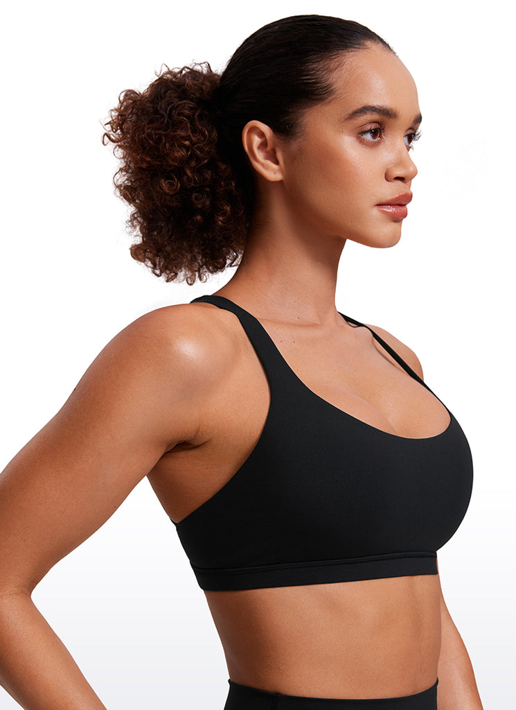 CRZ YOGA Women's Yoga Light Support Nakedfeel Strappy Bra Low Cut Black
