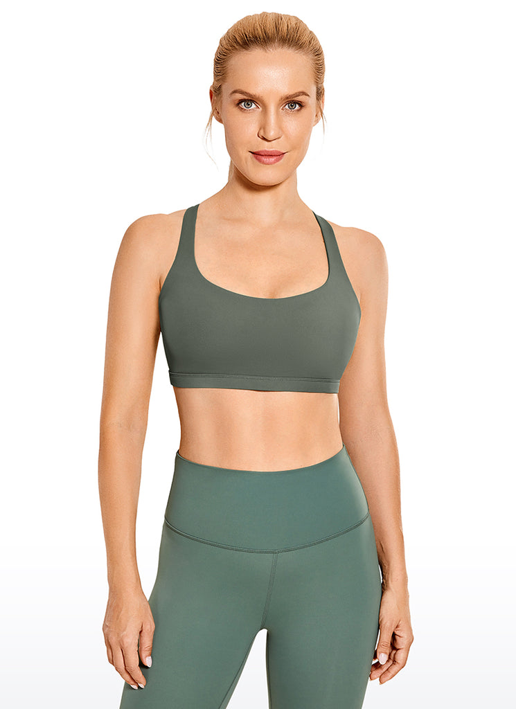 CRZ YOGA Women's Yoga Light Support Nakedfeel Strappy Bra Low Cut Grey Sage