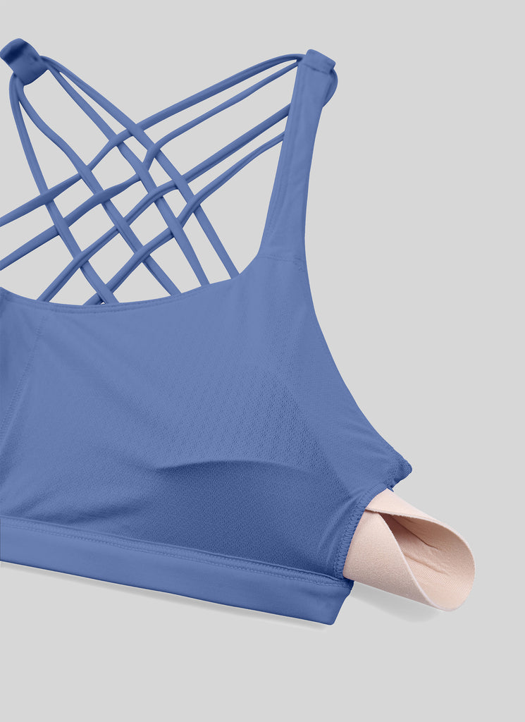 CRZ YOGA Women's Yoga Light Support Nakedfeel Strappy Bra Low Cut Madagascar Blue