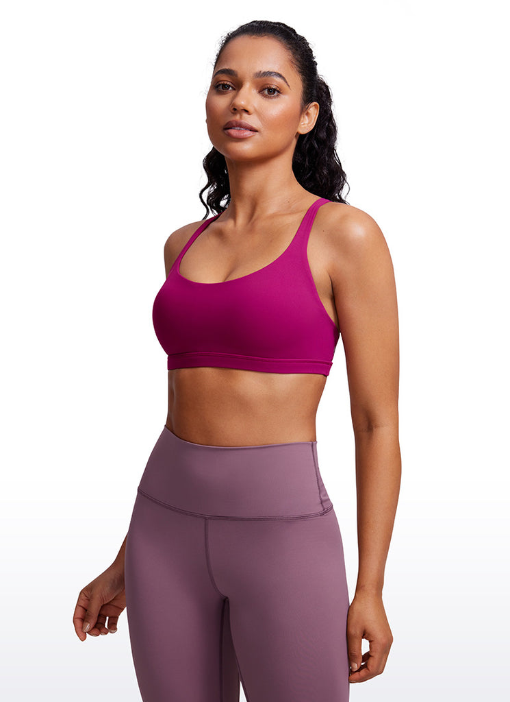 CRZ YOGA Women's Yoga Light Support Nakedfeel Strappy Bra Low Cut Magenta Purple