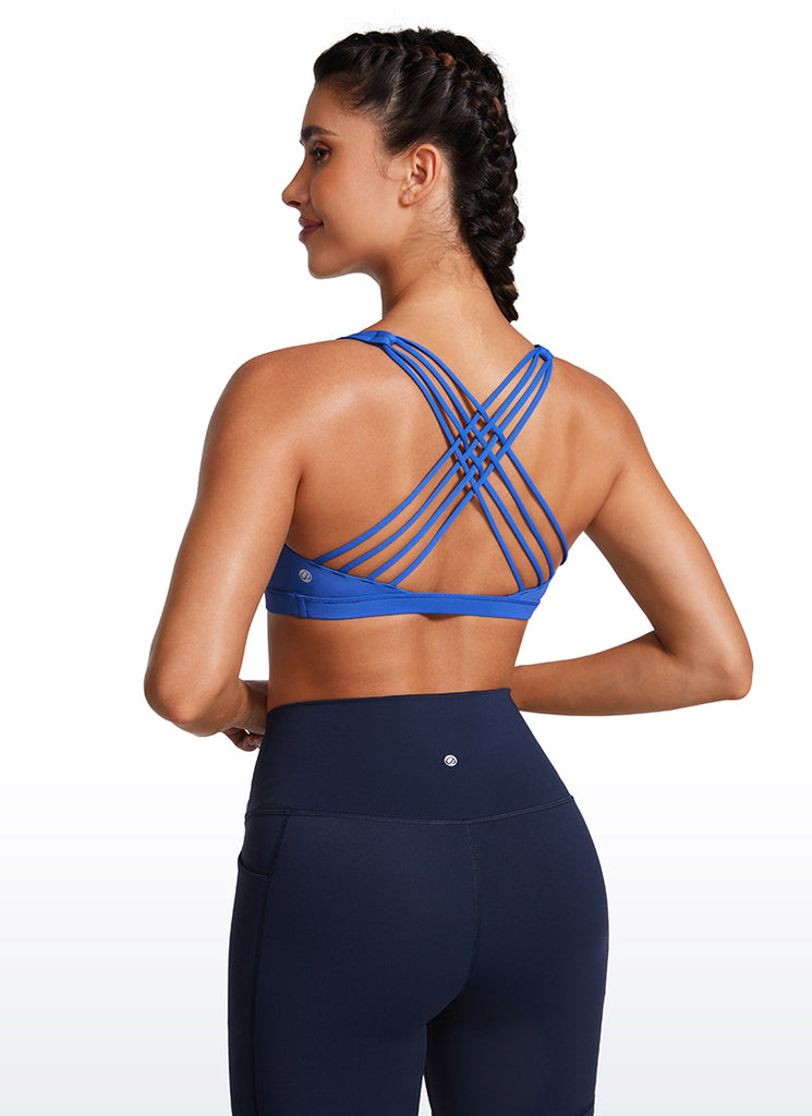 CRZ YOGA Women's Yoga Light Support Nakedfeel Strappy Bra Low Cut Waves Blue