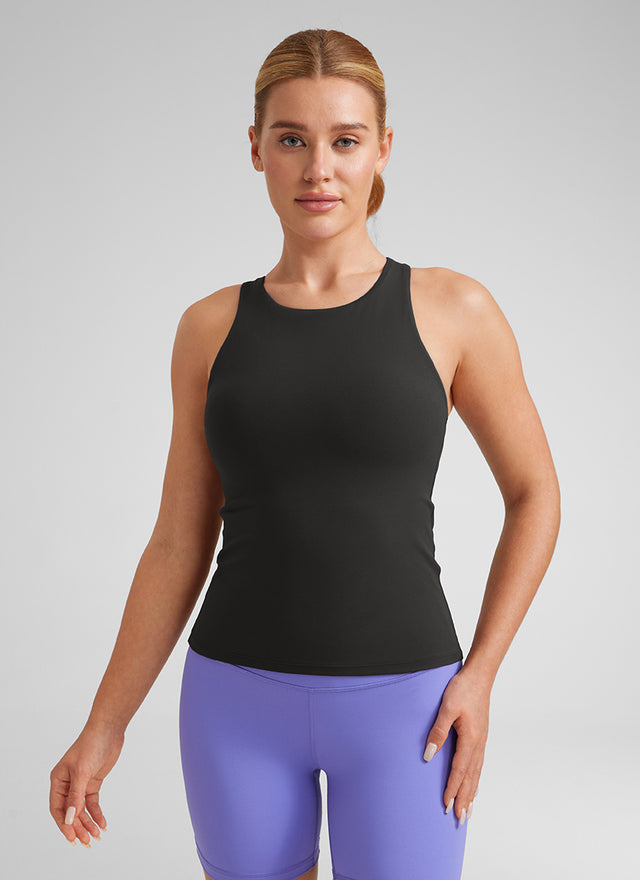 CRZ YOGA Women's Butterluxe Built-in Bra High Neck Racerback Tank Black @model_info:Lika