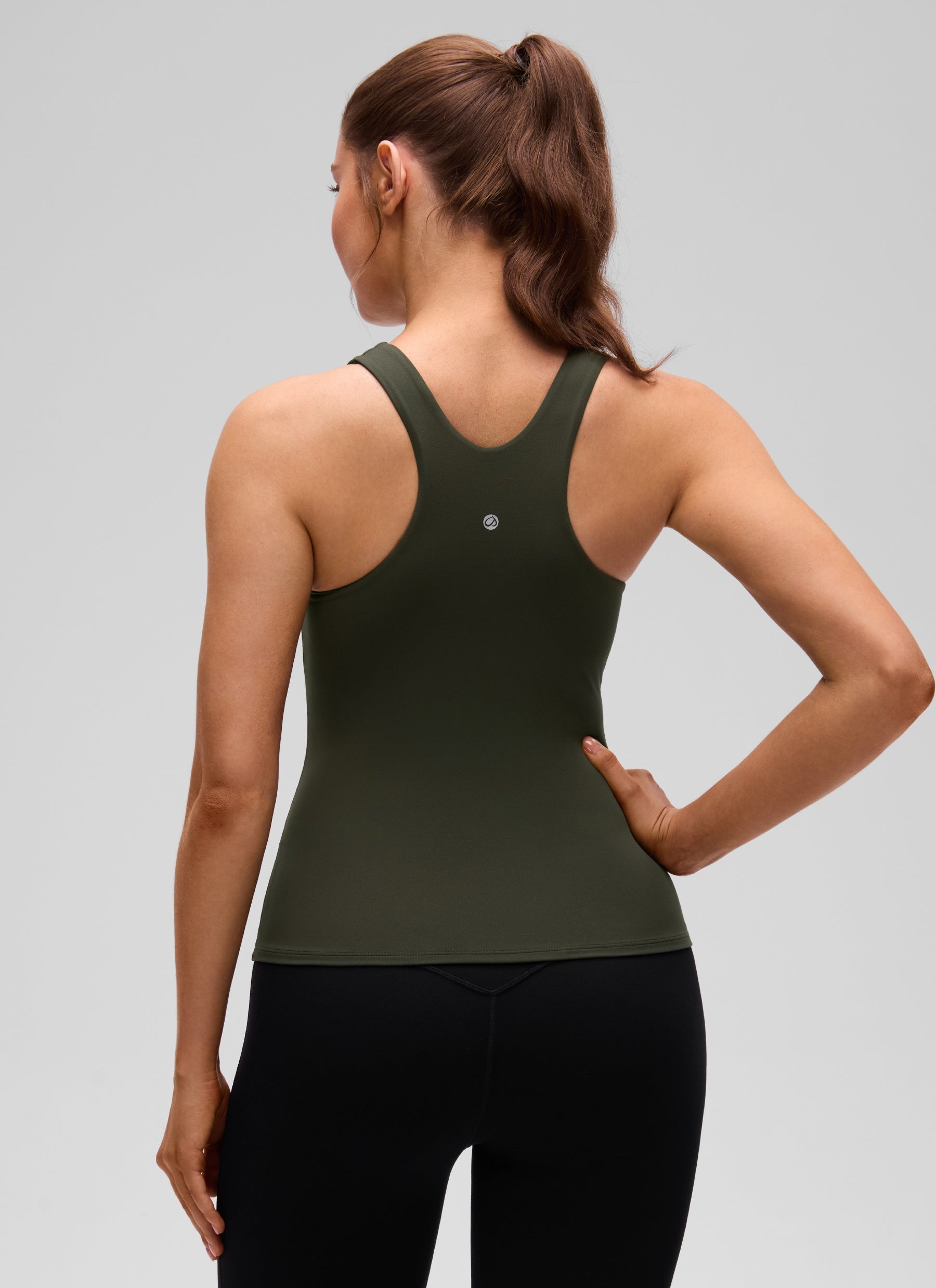 CRZ YOGA Women's Butterluxe Built-in Bra High Neck Racerback Tank Olive Green @model_info:Valeria