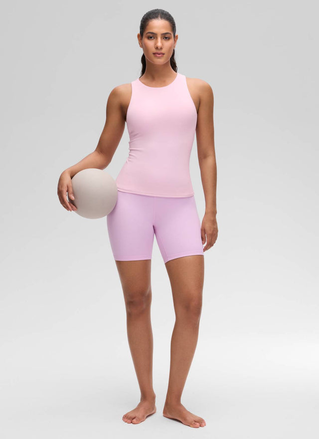 CRZ YOGA Women's Butterluxe Built-in Bra High Neck Racerback Tank Pink Peony @model_info:Carol