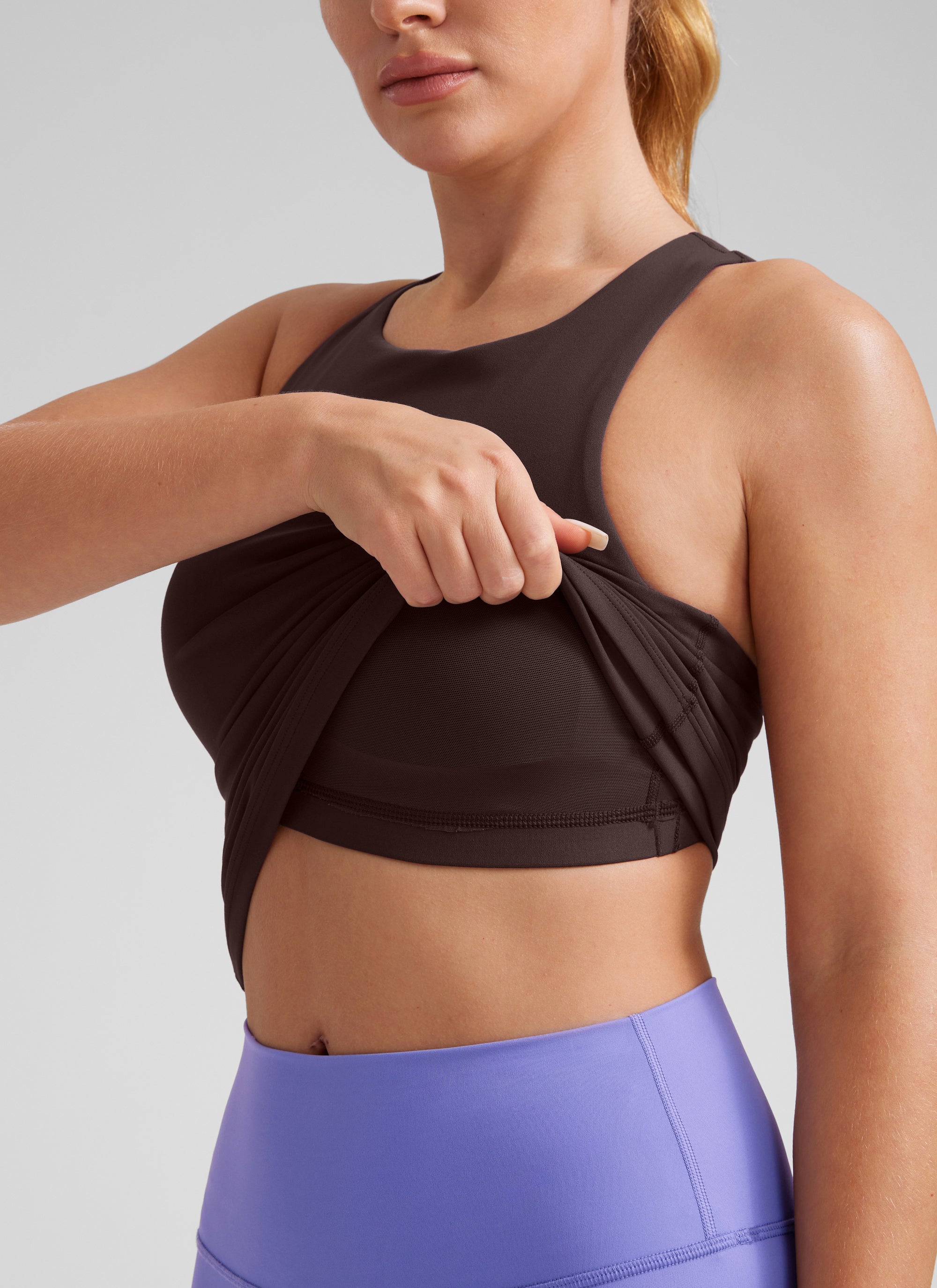 CRZ YOGA Women's Butterluxe Built-in Bra High Neck Racerback Tank Hot Fudge Brown