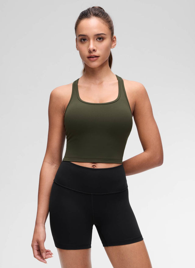 CRZ YOGA Women's Yoga Low support Butterluxe Scoop Neck Bra Y-Back Olive Green @model_info:Maria