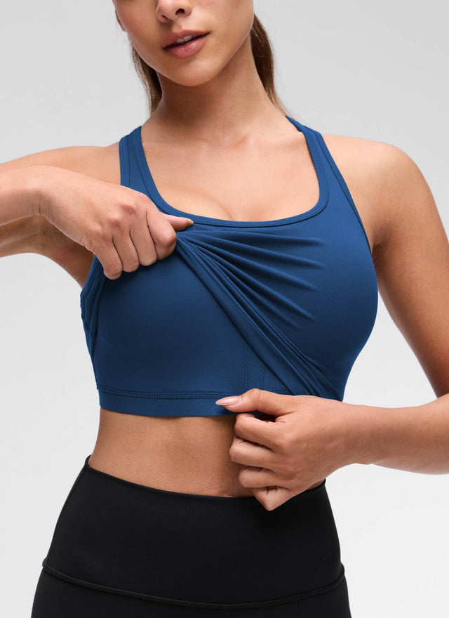 CRZ YOGA Women's Yoga Low support Butterluxe Scoop Neck Bra Y-Back French Navy @model_info:Maria