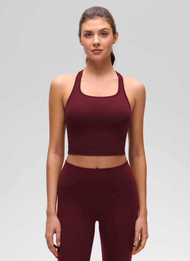 CRZ YOGA Women's Yoga Low support Butterluxe Scoop Neck Bra Y-Back Red Merlot @model_info:Gelya