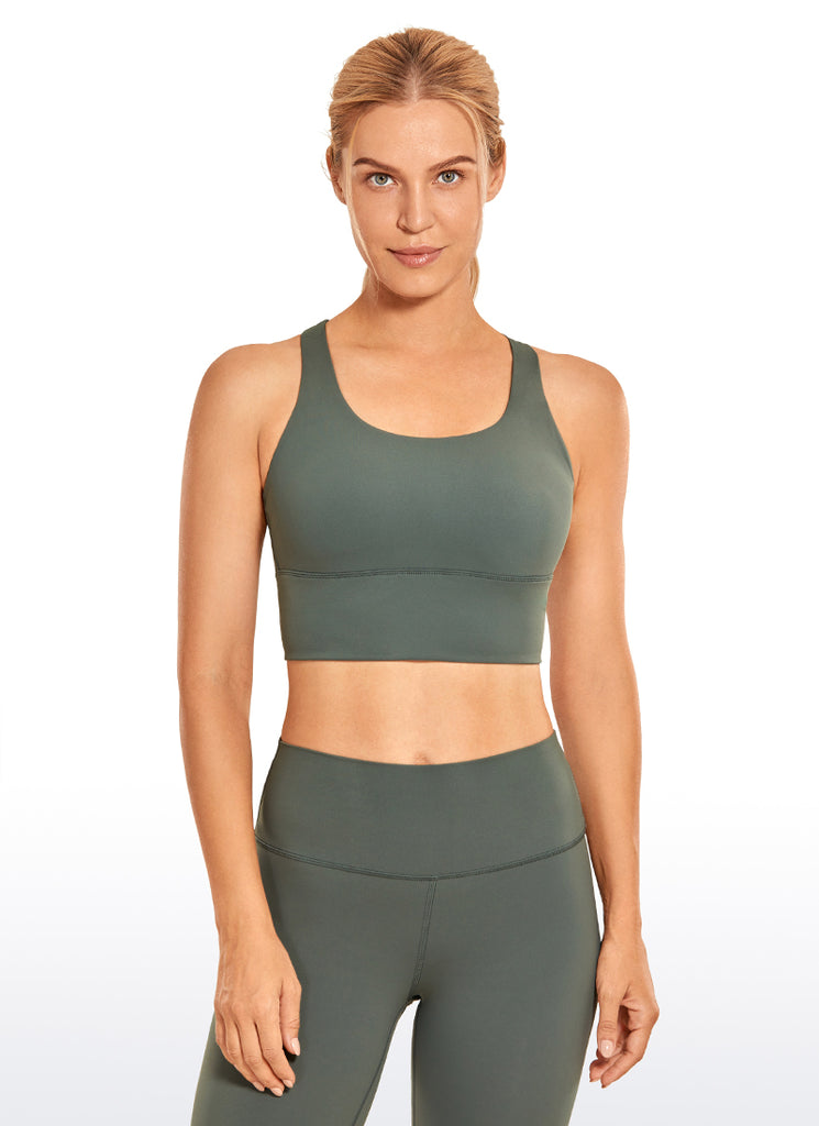 CRZ YOGA Women's Train Medium Support Nakedfeel Longline Bra Strappy Grey Sage