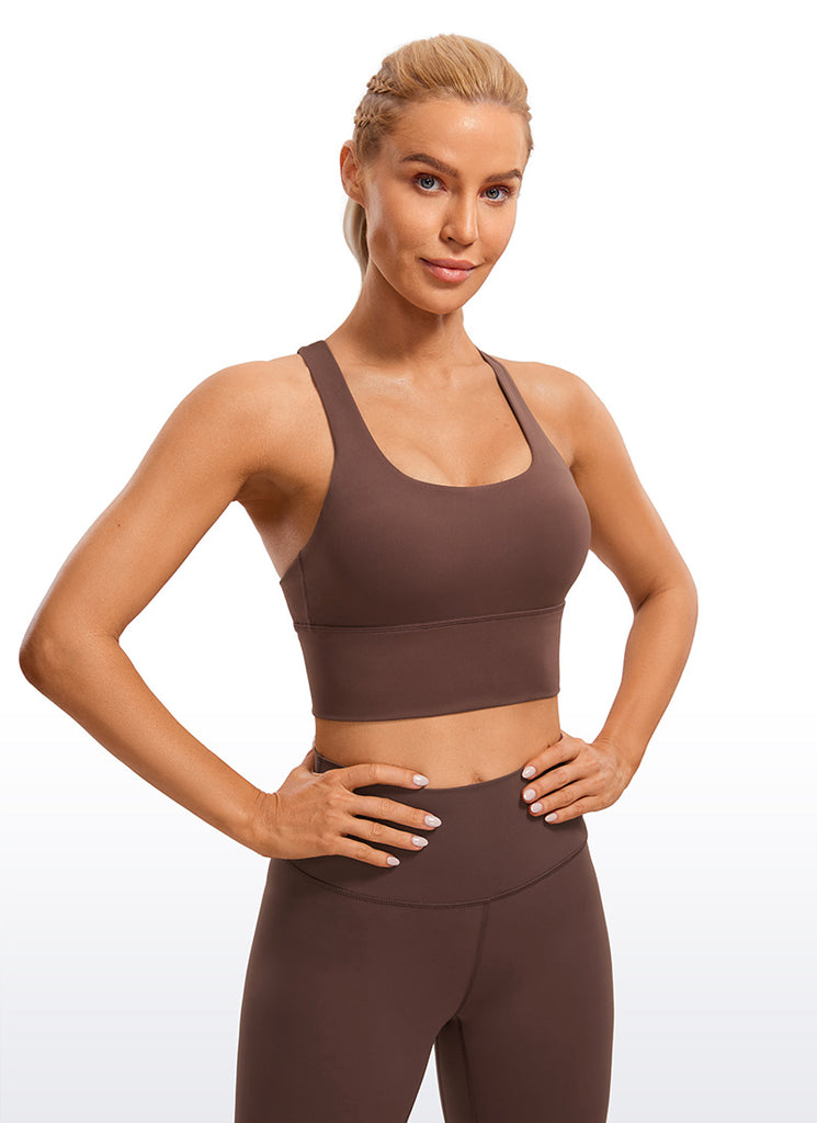 CRZ YOGA Women's Train Medium Support Nakedfeel Longline Bra Strappy Olive Camouflage