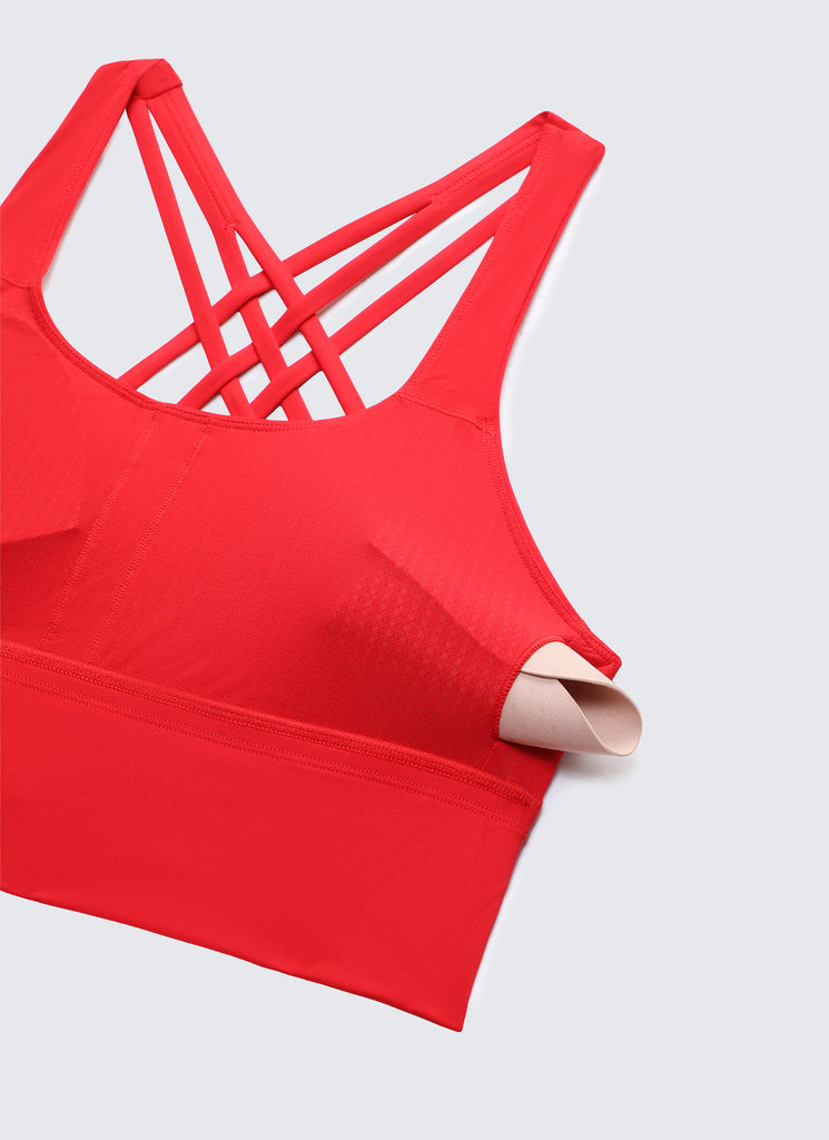 CRZ YOGA Women's Train Medium Support Nakedfeel Longline Bra Strappy Deep Red