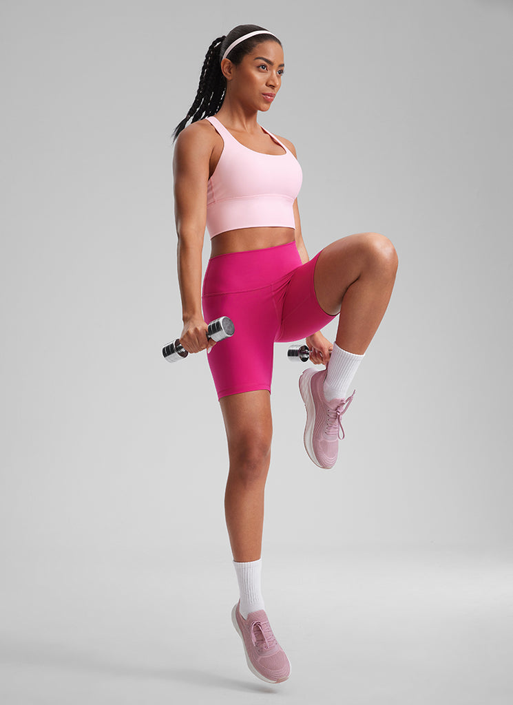 CRZ YOGA Women's Train Medium Support Nakedfeel Longline Bra Strappy Strawberry Pink