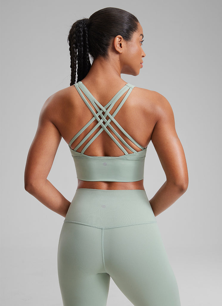 CRZ YOGA Women's Train Medium Support Nakedfeel Longline Bra Strappy Green Palm Court