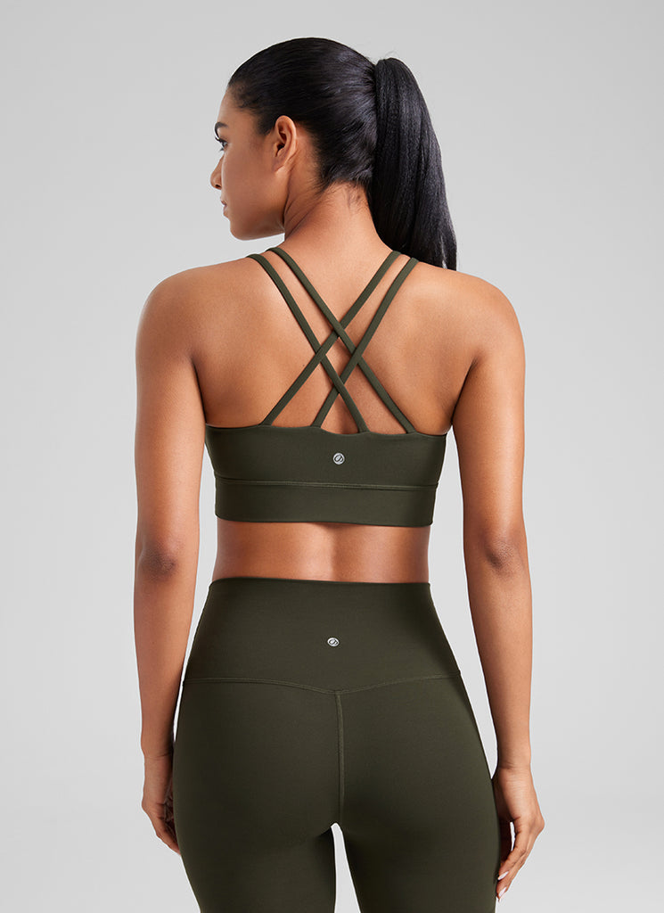 CRZ YOGA Womens Butterluxe Strappy Longline Criss Cross Molded Cup Bra Olive Green