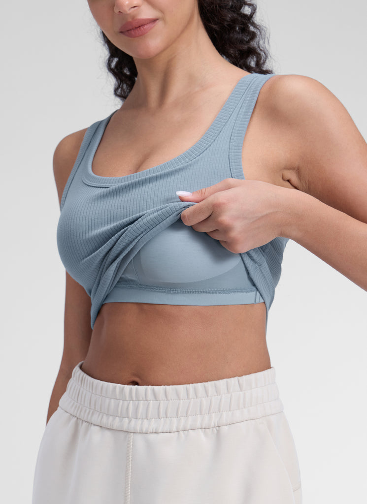 CRZ YOGA Women Longline U Neck Medium Impact Ribbed Sports Bras Cambric Blue