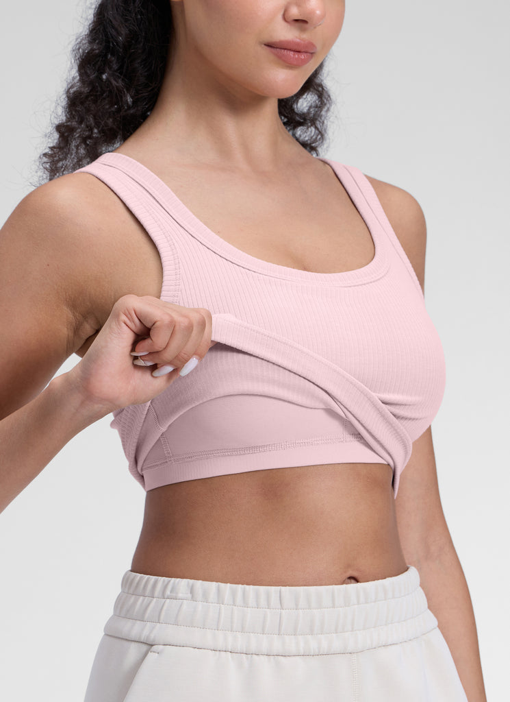 CRZ YOGA Women Longline U Neck Medium Impact Ribbed Sports Bras Granita Pink