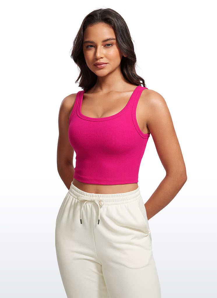 CRZ YOGA Women Longline U Neck Medium Impact Ribbed Sports Bras White Apricot