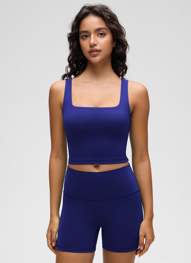 CRZ YOGA Women's Yoga Low Impact Butterluxe Longline Bra Square Neck Larkspur Blue @model_info:Liss
