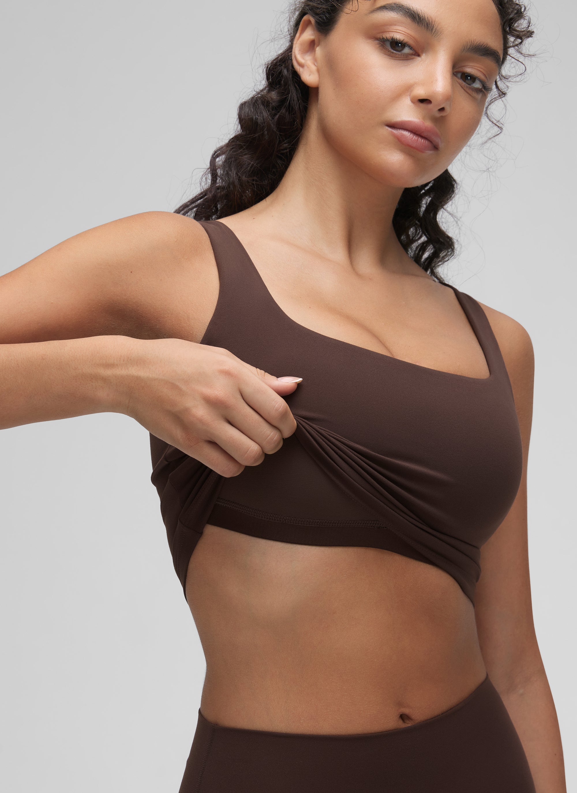 CRZ YOGA Women's Yoga Low Impact Butterluxe Longline Bra Square Neck Hot Fudge Brown @model_info:Anano