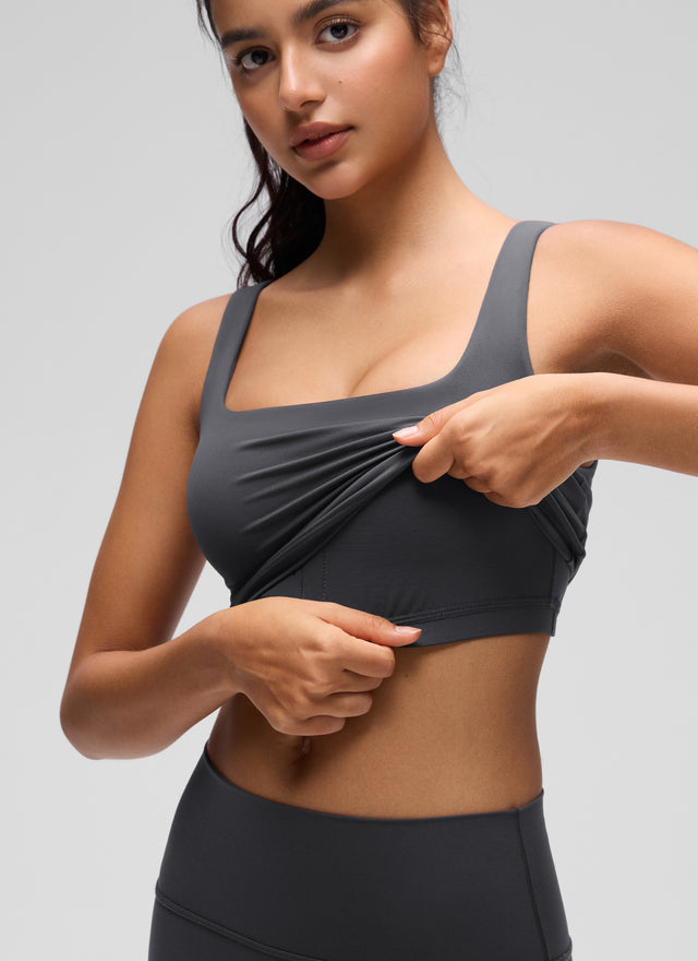 CRZ YOGA Women's Yoga Low Impact Butterluxe Longline Bra Square Neck Mysterious Grey