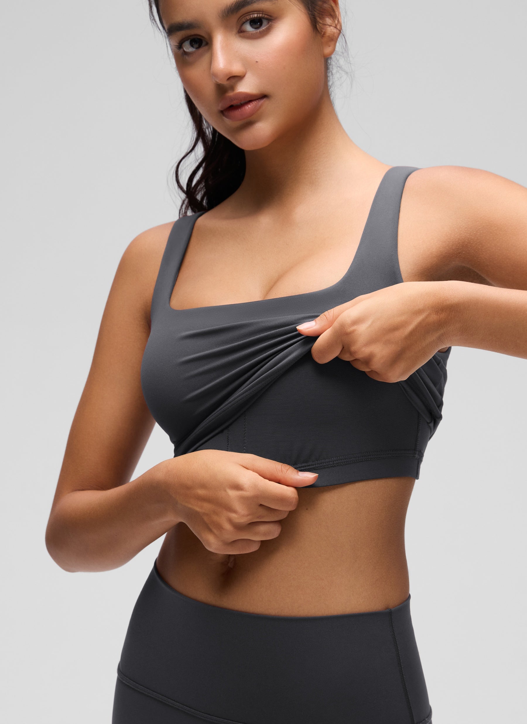 CRZ YOGA Women's Yoga Low Impact Butterluxe Longline Bra Square Neck Mysterious Grey @model_info:Liss
