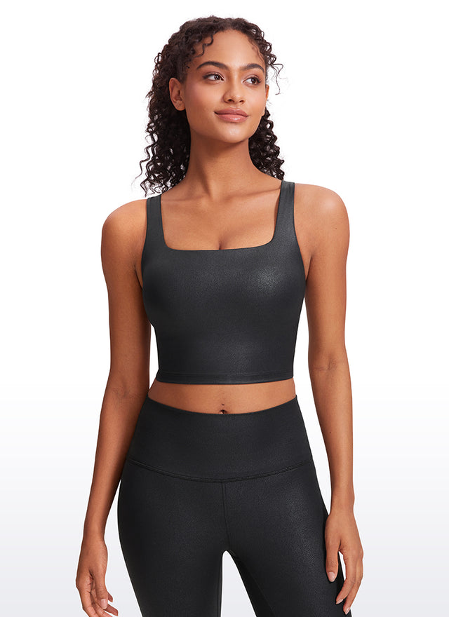 CRZ YOGA Women's Yoga Low Impact Butterluxe Longline Bra Square Neck Black Foil Pattern