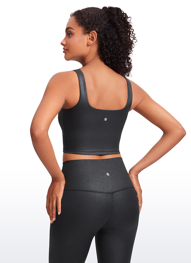 CRZ YOGA Women's Yoga Low Impact Butterluxe Longline Bra Square Neck Black Foil Pattern