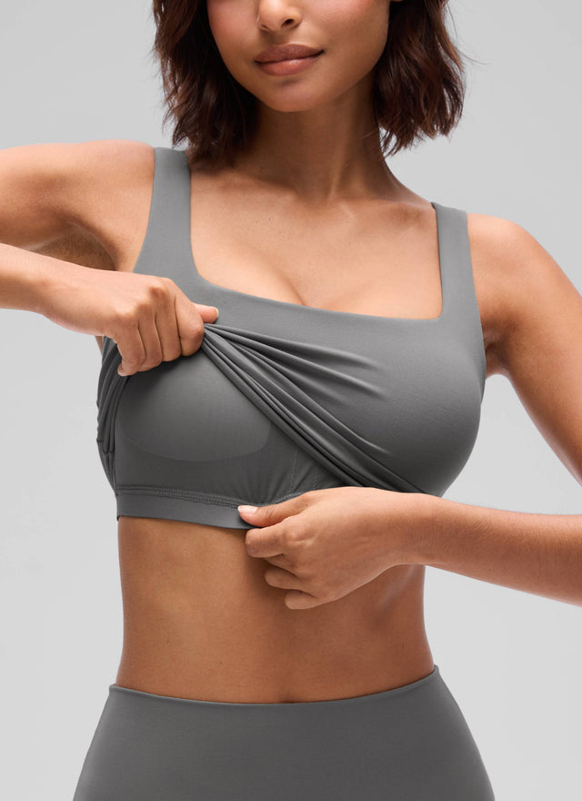 CRZ YOGA Women's Yoga Low Impact Butterluxe Longline Bra Square Neck Ash Grey @model_info:Tati