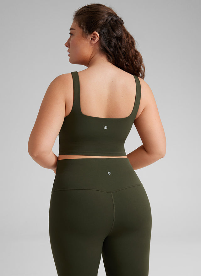 CRZ YOGA Women's Yoga Low Impact Butterluxe Longline Bra Square Neck Olive Green @model_info:Victoria