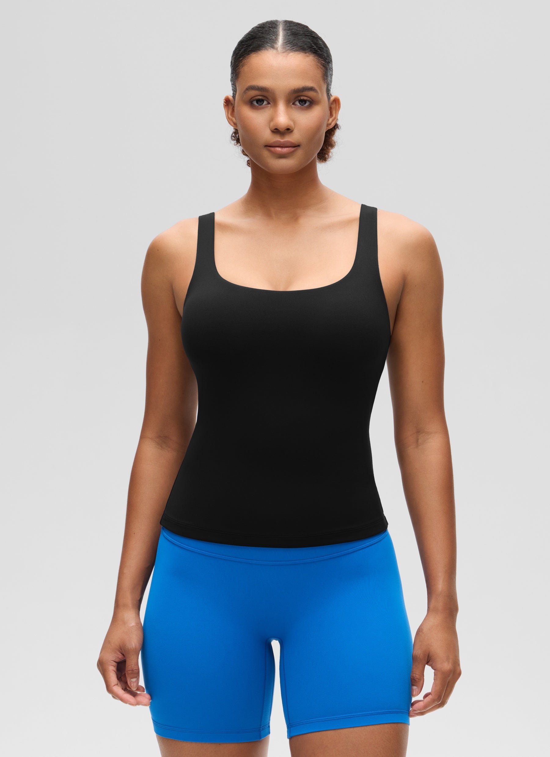 CRZ YOGA Women's SlimFit Tops Butterluxe Built-in Bra U Neck Tanks Black @model_info:Barbara