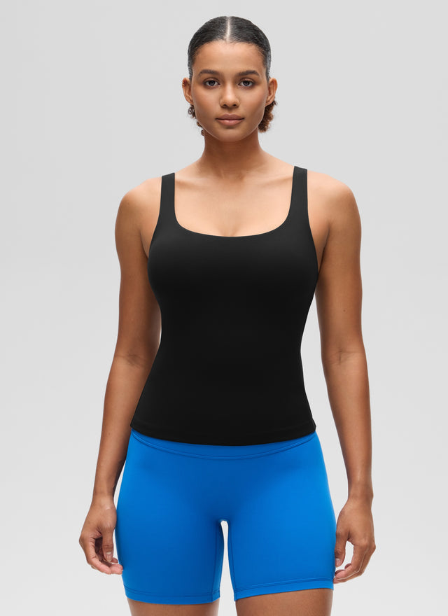 CRZ YOGA Women's SlimFit Tops Butterluxe Built-in Bra U Neck Tanks Black