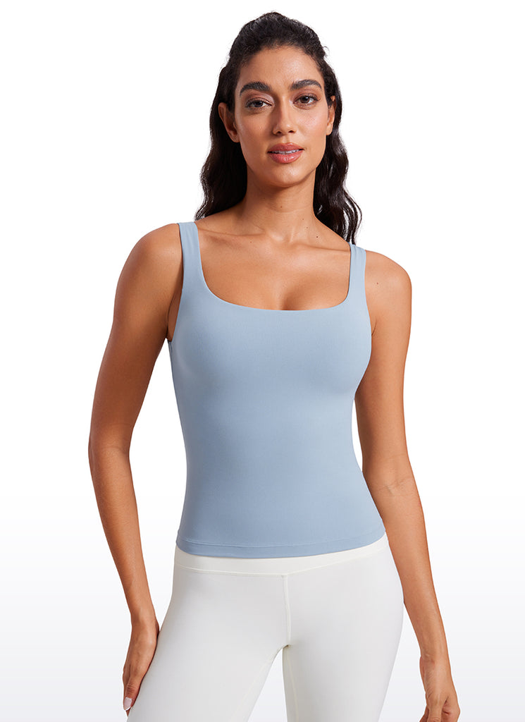 CRZ YOGA Women's SlimFit Tops Butterluxe Built-in Bra U Neck Tanks Sparkle Blue