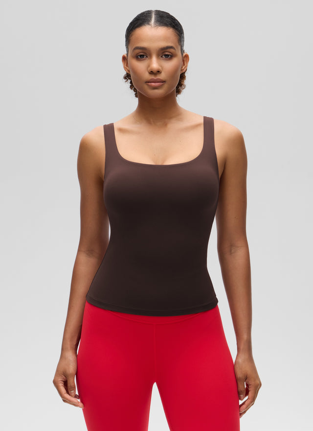 CRZ YOGA Women's SlimFit Tops Butterluxe Built-in Bra U Neck Tanks Hot Fudge Brown