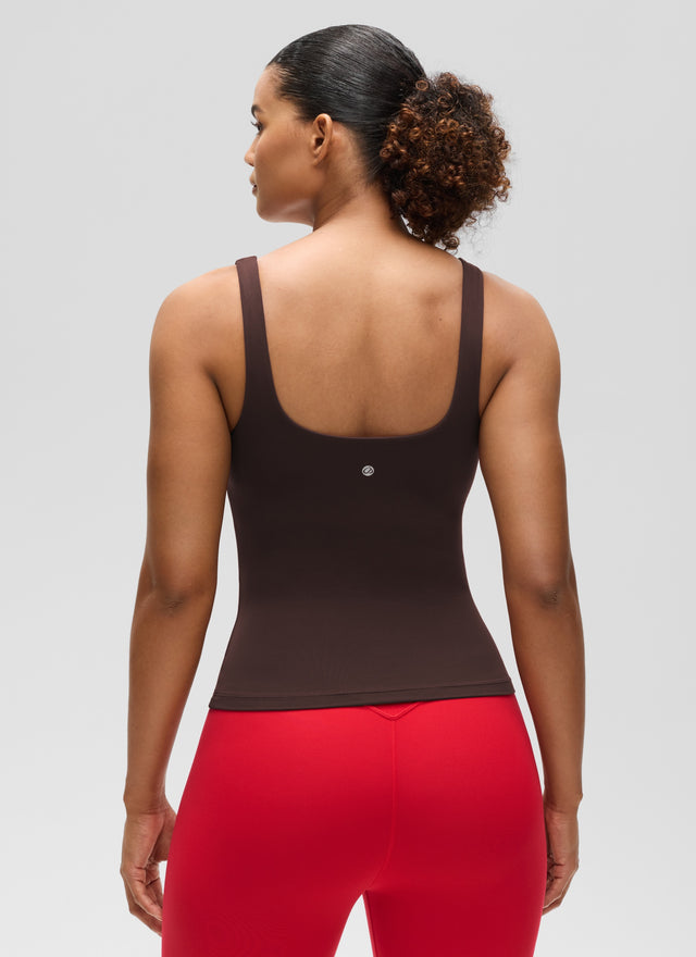 CRZ YOGA Women's SlimFit Tops Butterluxe Built-in Bra U Neck Tanks Hot Fudge Brown