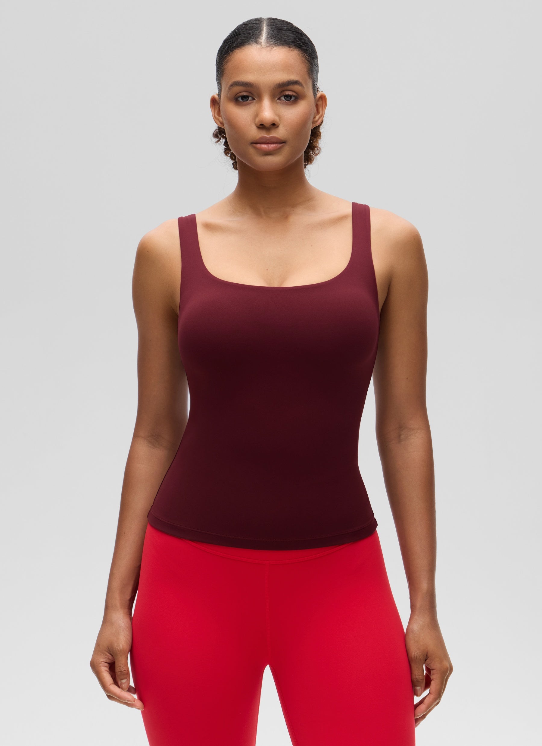 CRZ YOGA Women's SlimFit Tops Butterluxe Built-in Bra U Neck Tanks Red Merlot @model_info:Barbara