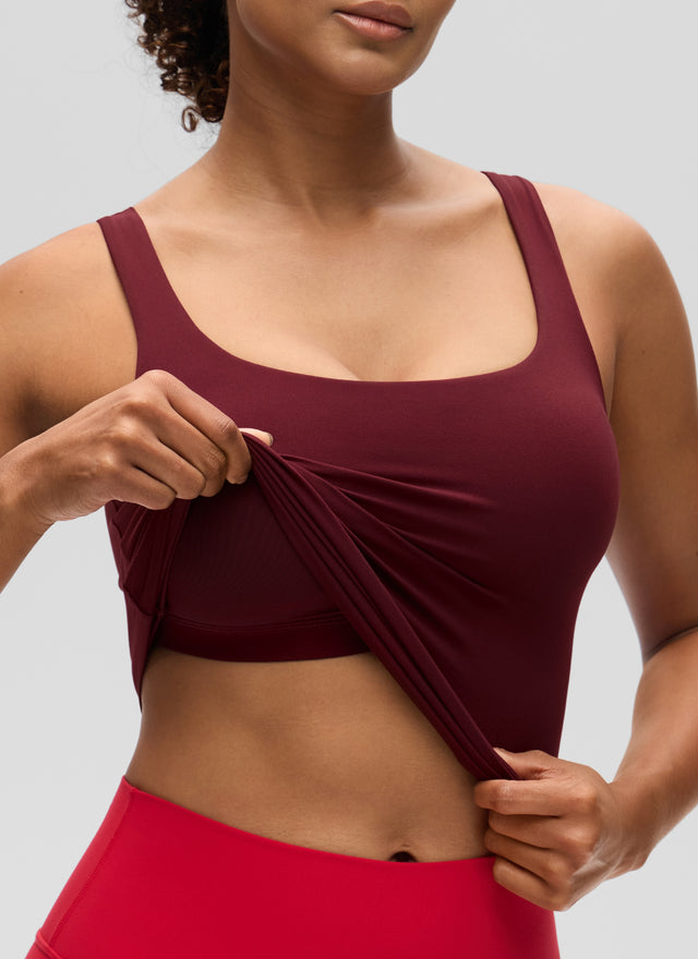 CRZ YOGA Women's SlimFit Tops Butterluxe Built-in Bra U Neck Tanks Red Merlot @model_info:Barbara