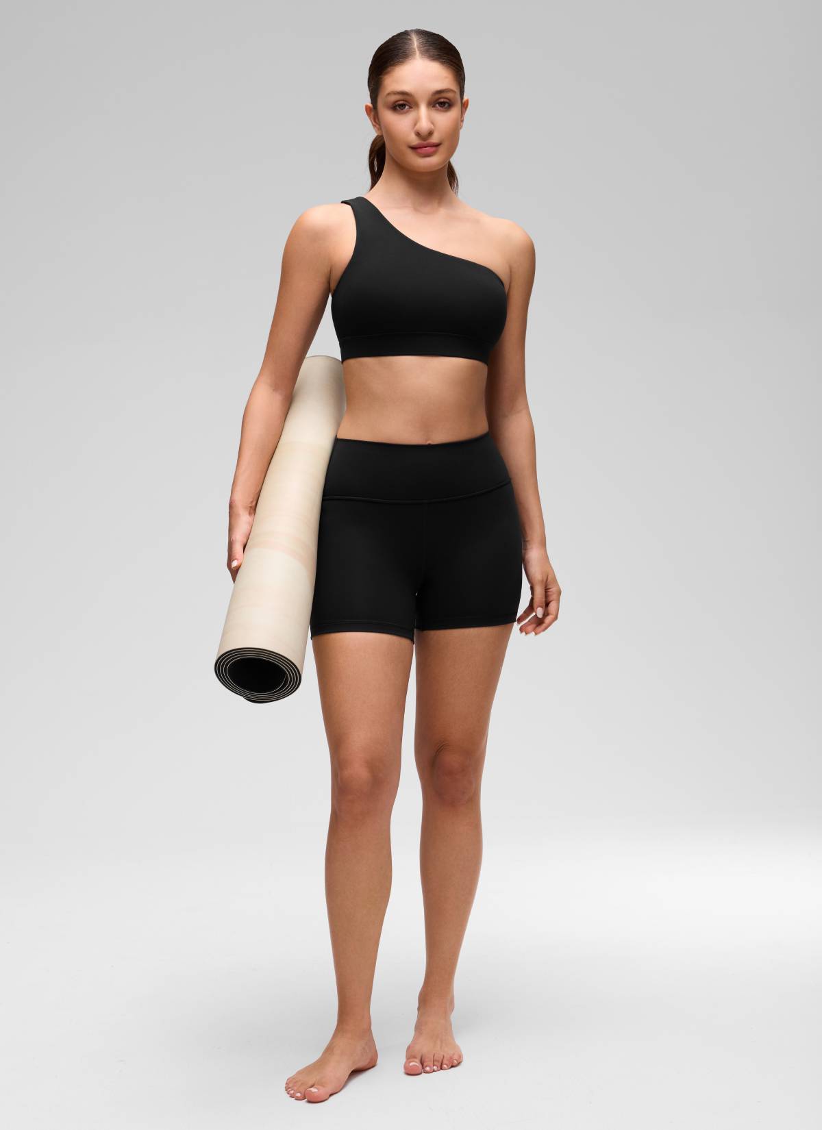 CRZ YOGA Butterluxe Womens One Shoulder Sports Bra Asymmetrical Padded Black @model_info:Inga
