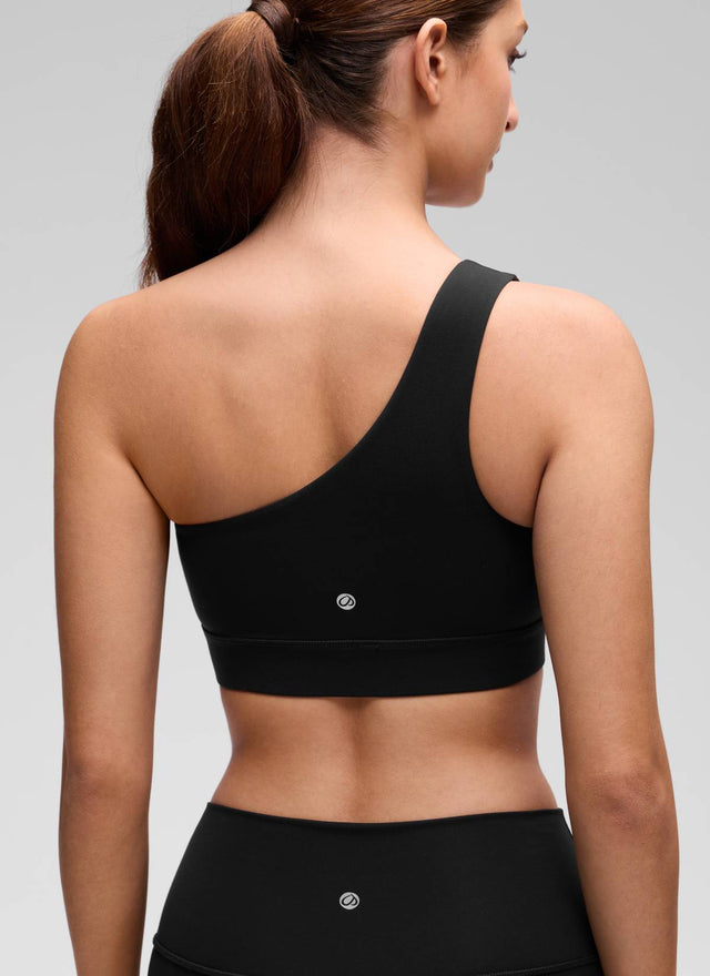 CRZ YOGA Butterluxe Womens One Shoulder Sports Bra Asymmetrical Padded Black @model_info:Inga