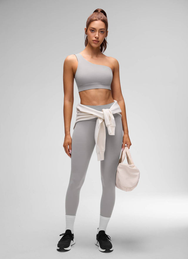 CRZ YOGA Butterluxe Womens One Shoulder Sports Bra Asymmetrical Padded Gull Gray