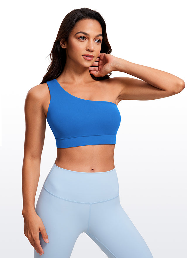 CRZ YOGA Butterluxe Womens One Shoulder Sports Bra Asymmetrical Padded Sparkle Blue