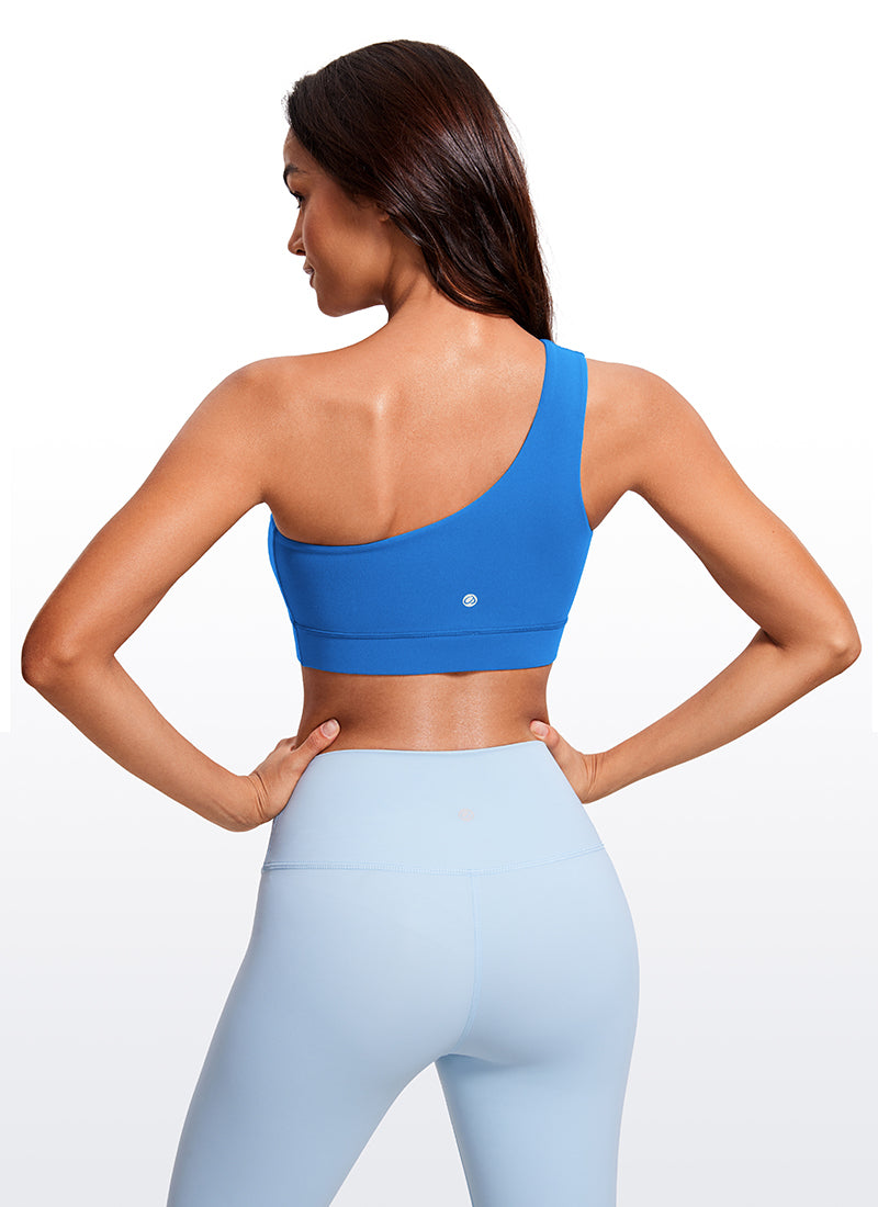 CRZ YOGA Butterluxe Womens One Shoulder Sports Bra Asymmetrical Padded Sparkle Blue