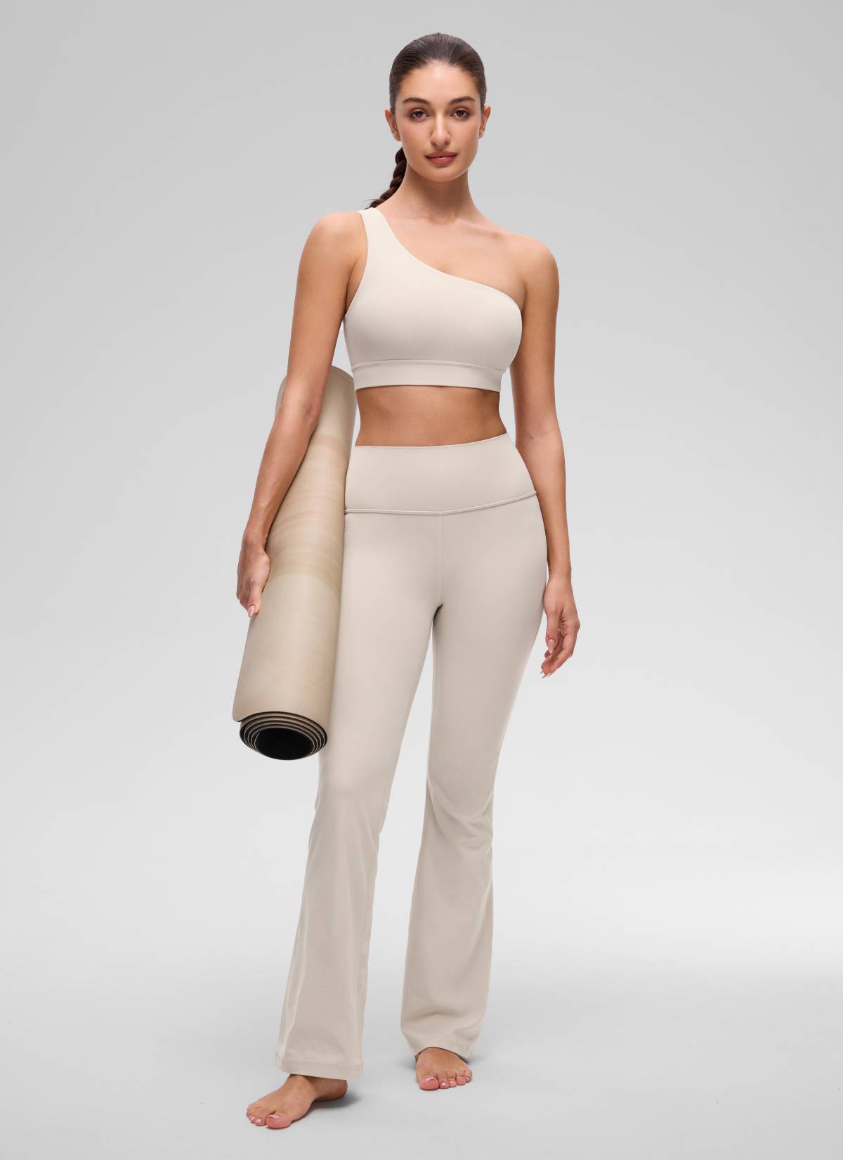 CRZ YOGA Butterluxe Womens One Shoulder Sports Bra Asymmetrical Padded Mojave Tan @model_info:Inga