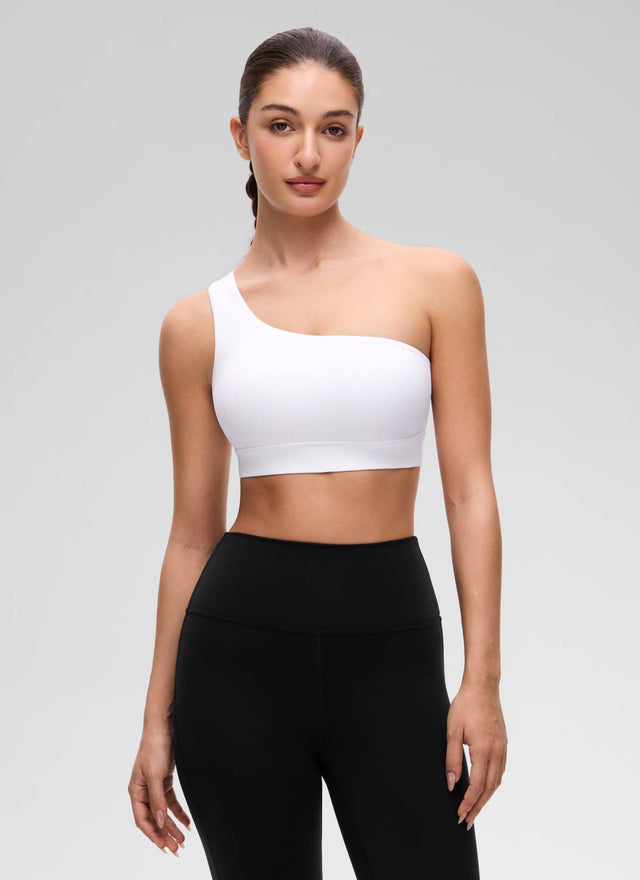 CRZ YOGA Butterluxe Womens One Shoulder Sports Bra Asymmetrical Padded White @model_info:Inga
