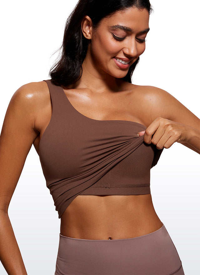 CRZ YOGA Butterluxe Women's One Shoulder Longline Sports Bra Coffee Brown