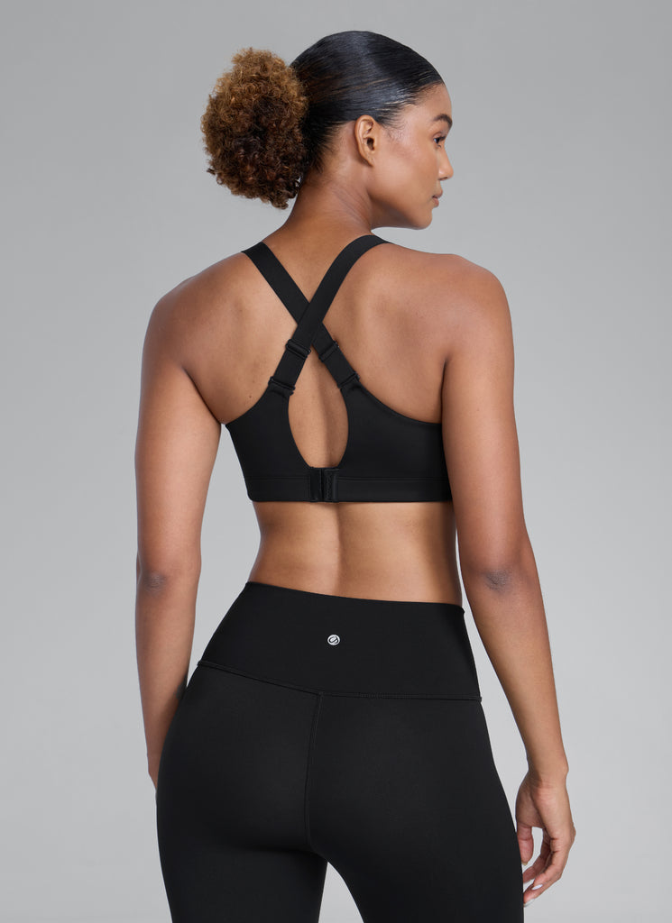 CRZ YOGA Womens Zip Front High Impact Sport Bra with Adjustable Straps Black